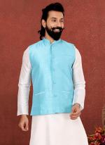 Dhupion Silk Sky Blue Festival Wear Embroidery Work Readymade Men's Waist Coat